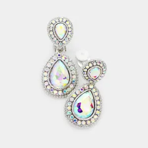 Abalone Crystal Pave Trim Teardrop Clip on Earrings