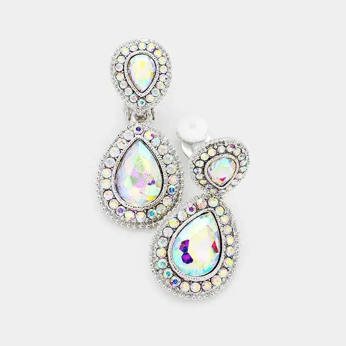 Abalone Crystal Pave Trim Teardrop Clip on Earrings