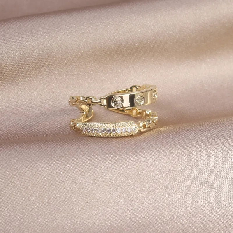 Adjustable Geometric Zircon Ring in 14K Gold Plating