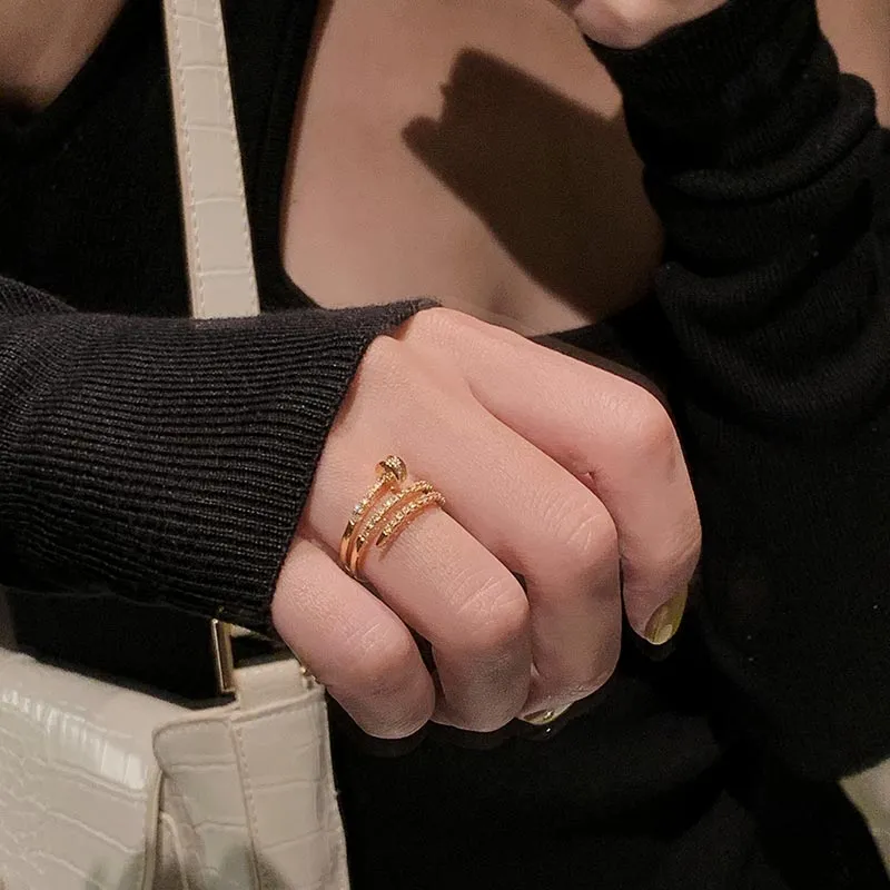 Adjustable Geometric Zircon Ring in 14K Gold Plating