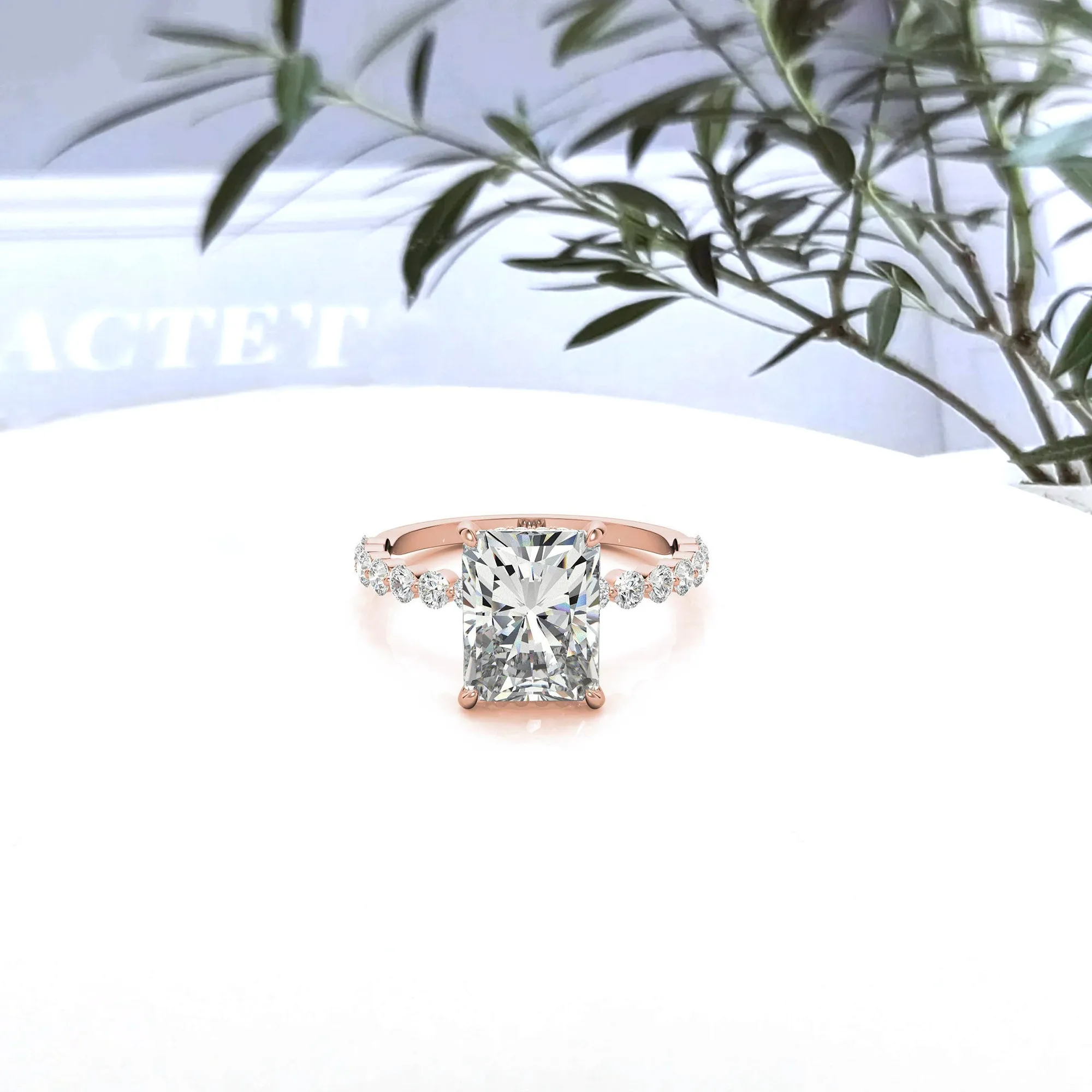 Adjustable Sterling Silver Elegant Rose Gold Radiant Cut Stone & Pave Accents Ring For Women