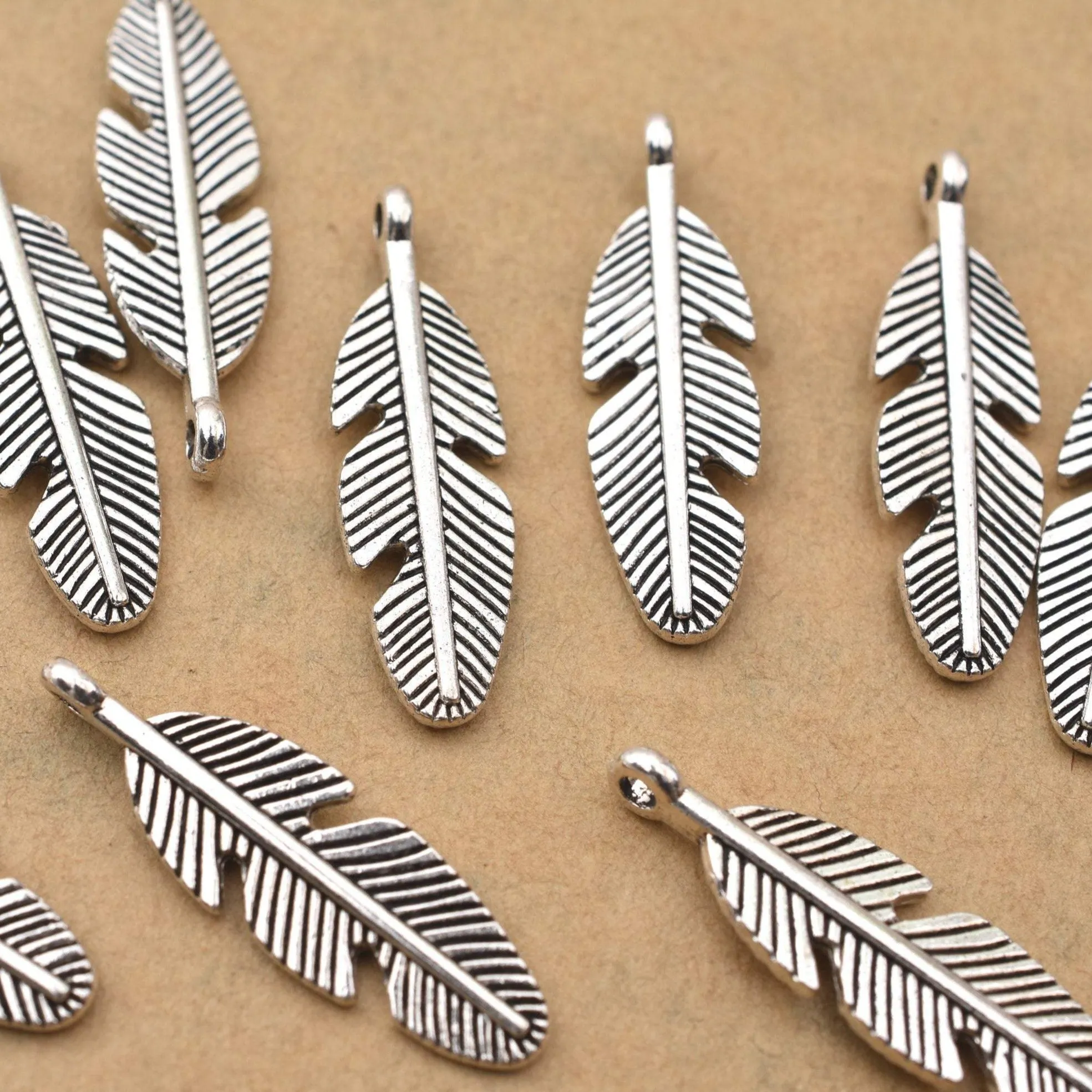 Antique Silver Plated Feather Charm - 28x8 mm
