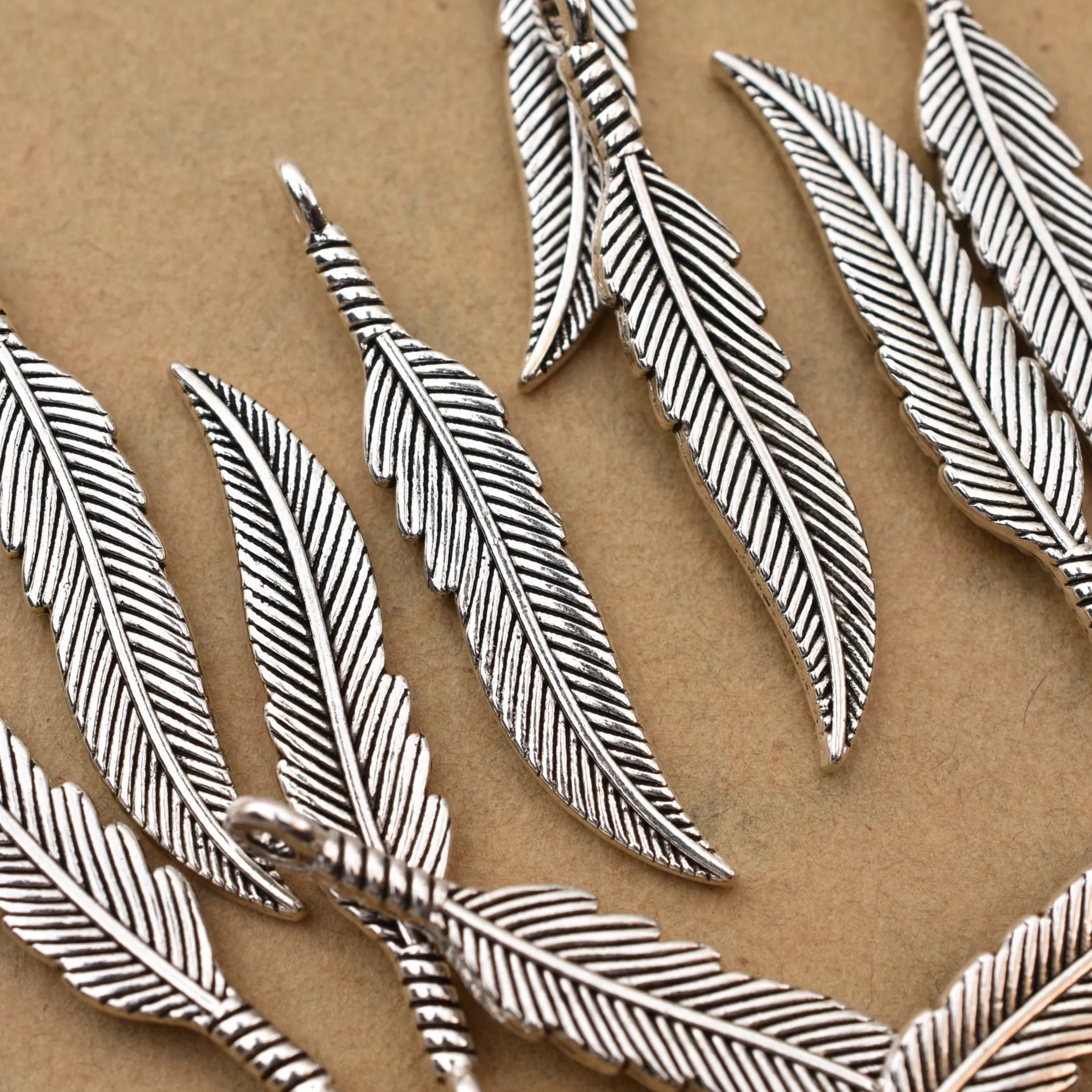 Antique Silver Plated Feather Charm - 38x7mm