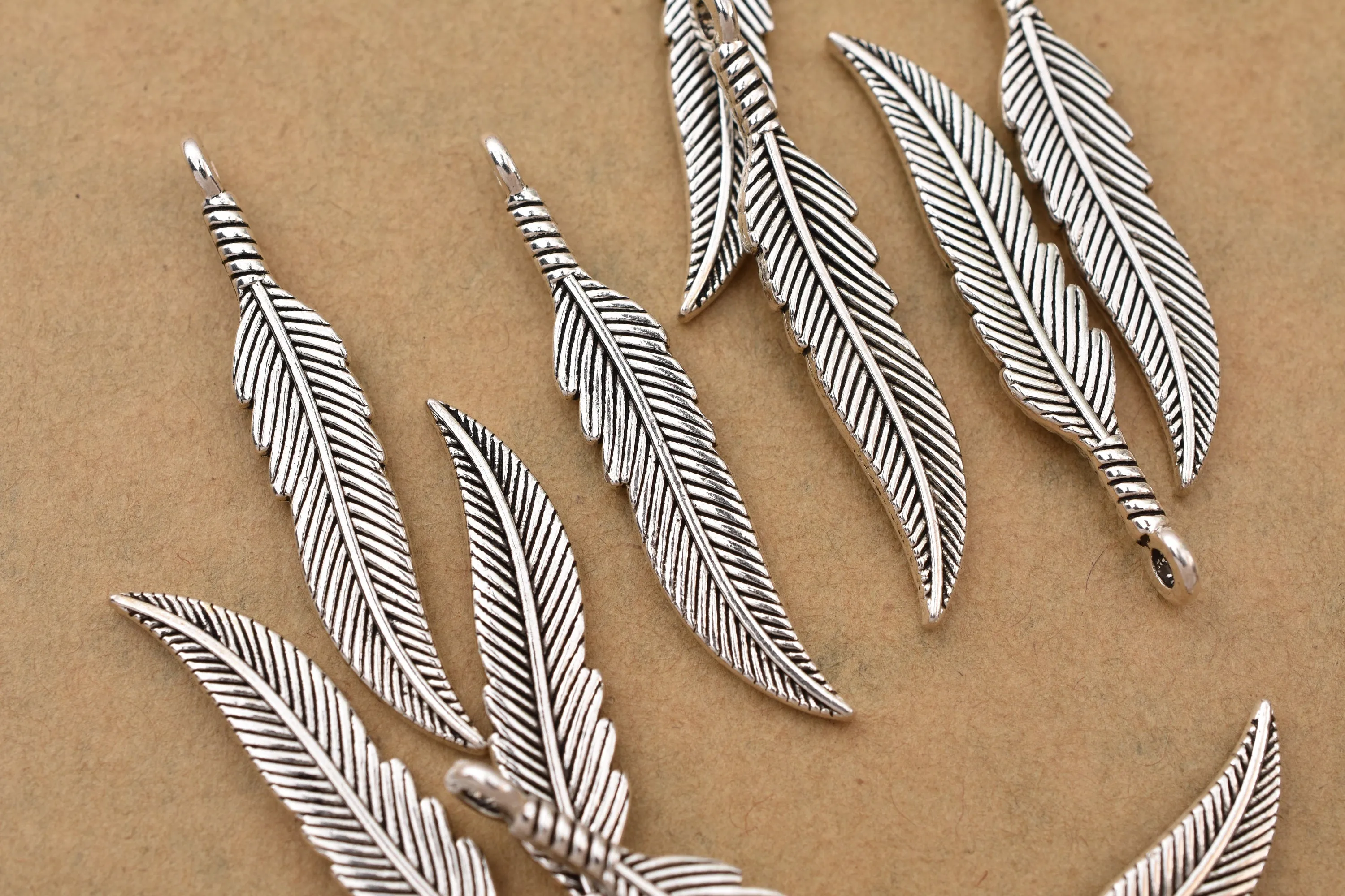 Antique Silver Plated Feather Charm - 38x7mm