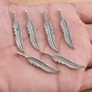 Antique Silver Plated Feather Charm - 38x7mm