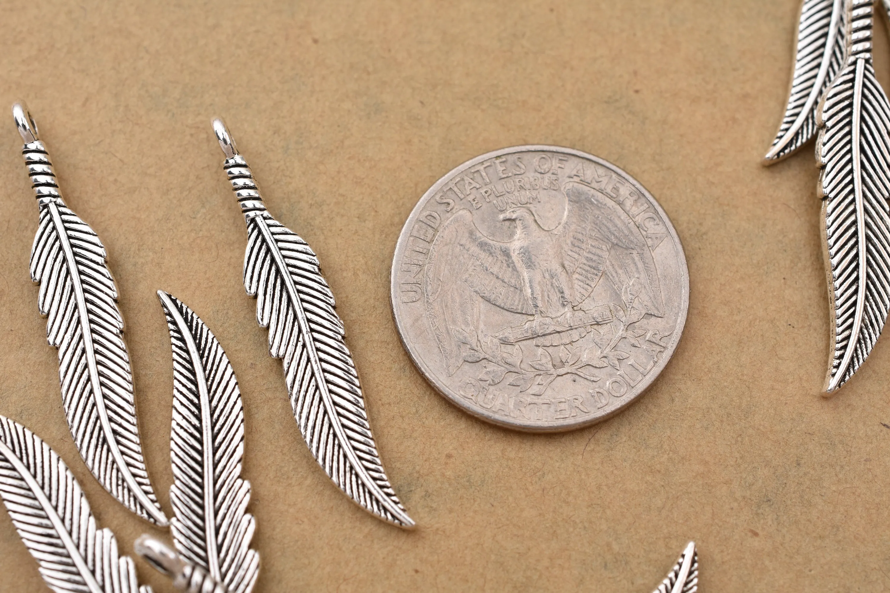 Antique Silver Plated Feather Charm - 38x7mm