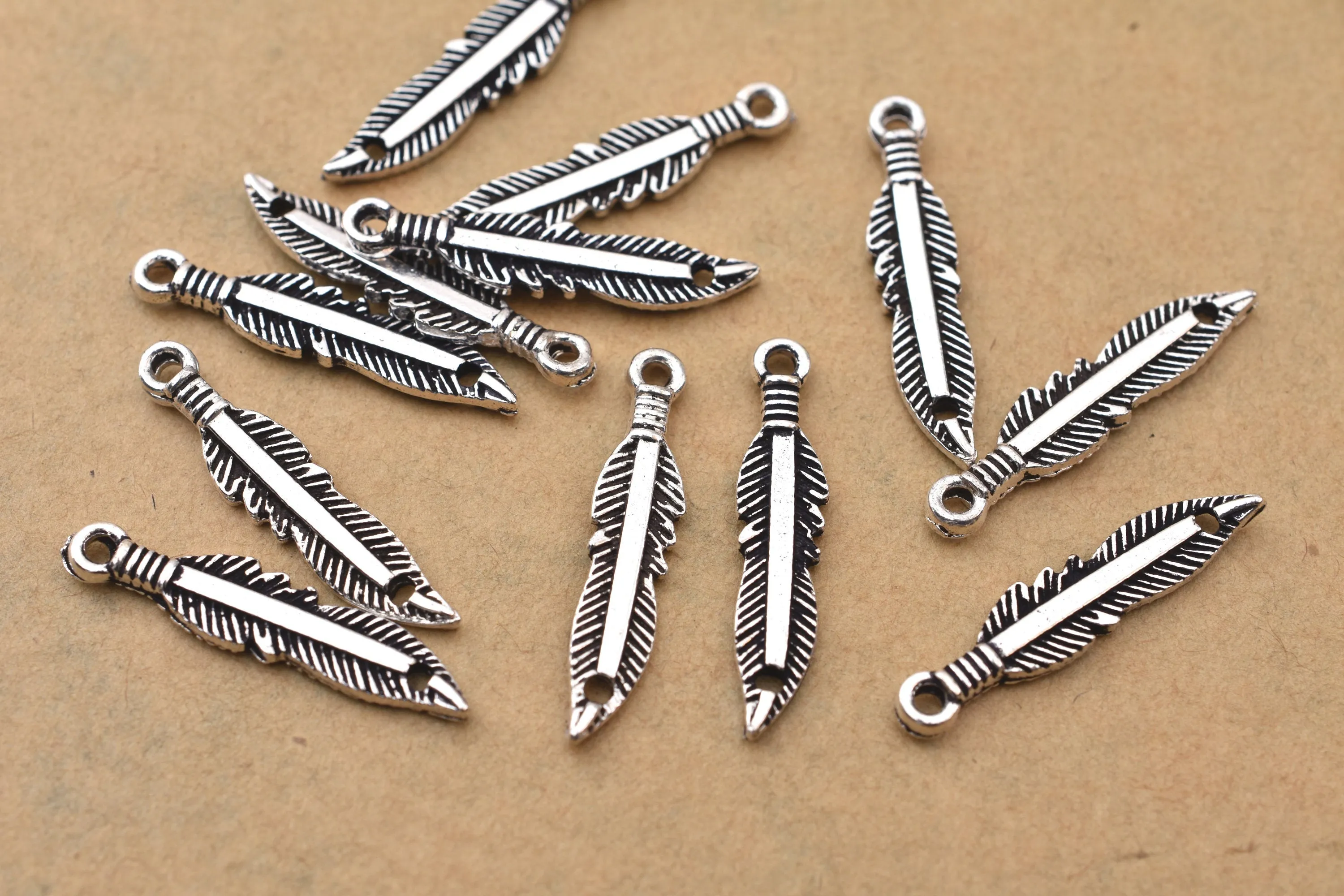 Antique Silver Plated Feather Charms - 25x5mm