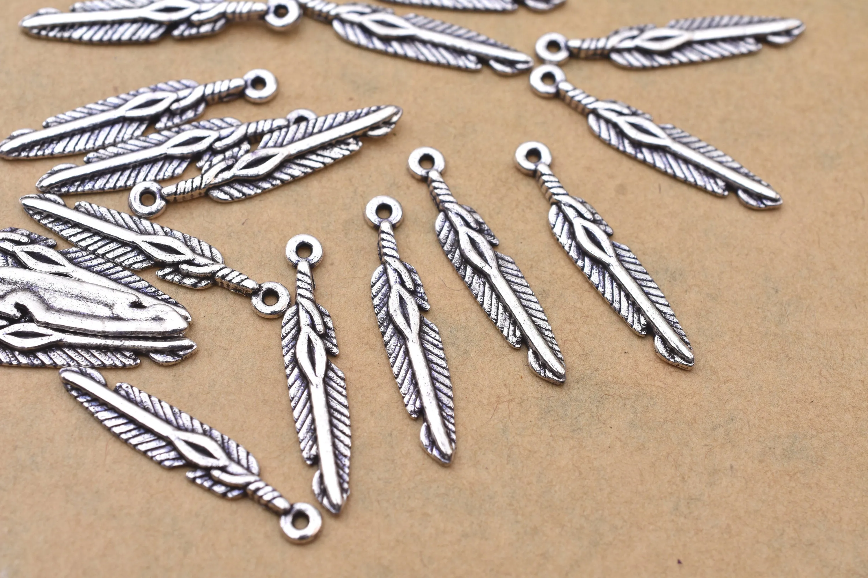 Antique Silver Plated Feather Charms - 27x5mm