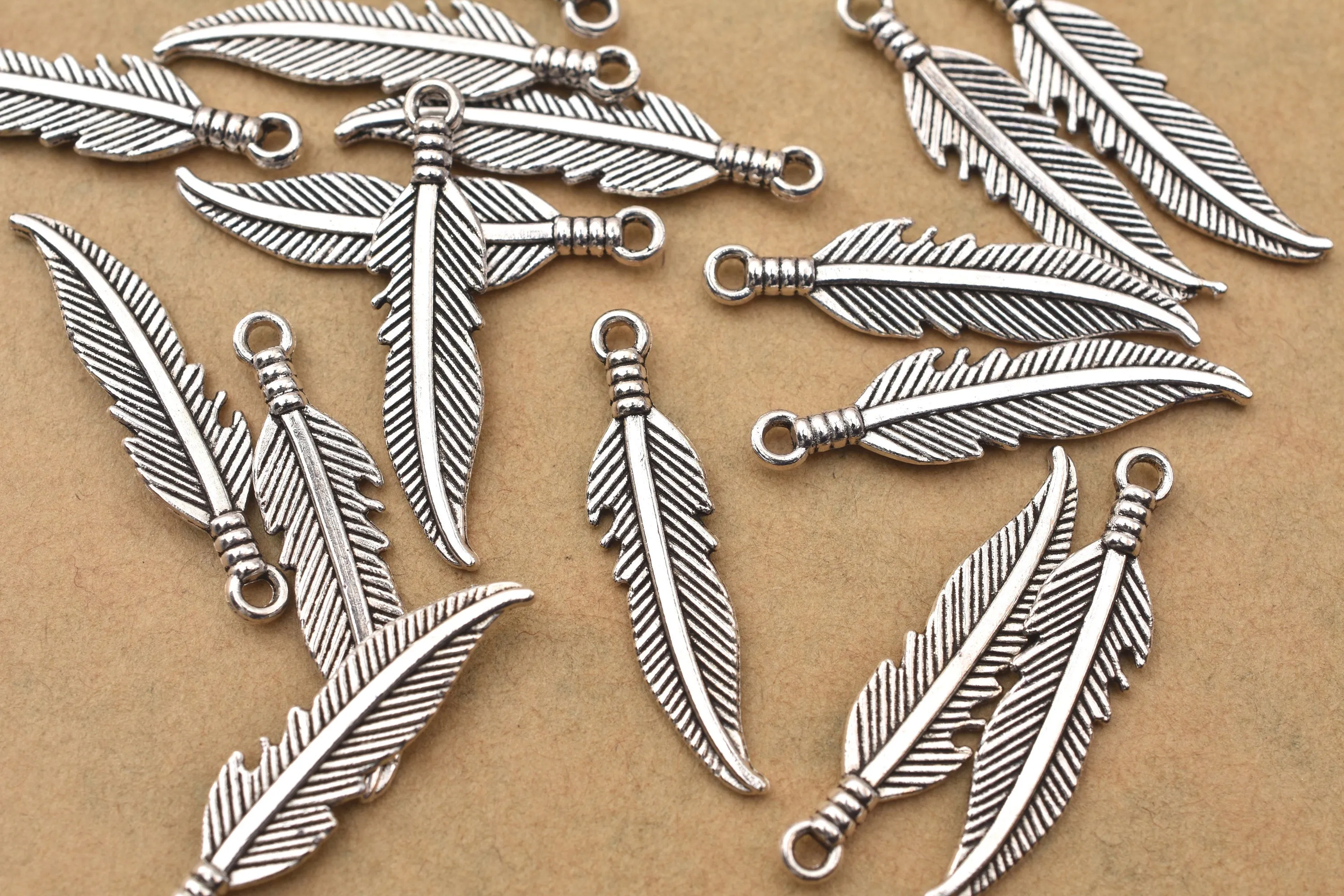 Antique Silver Plated Feather Charms - 27x6mm