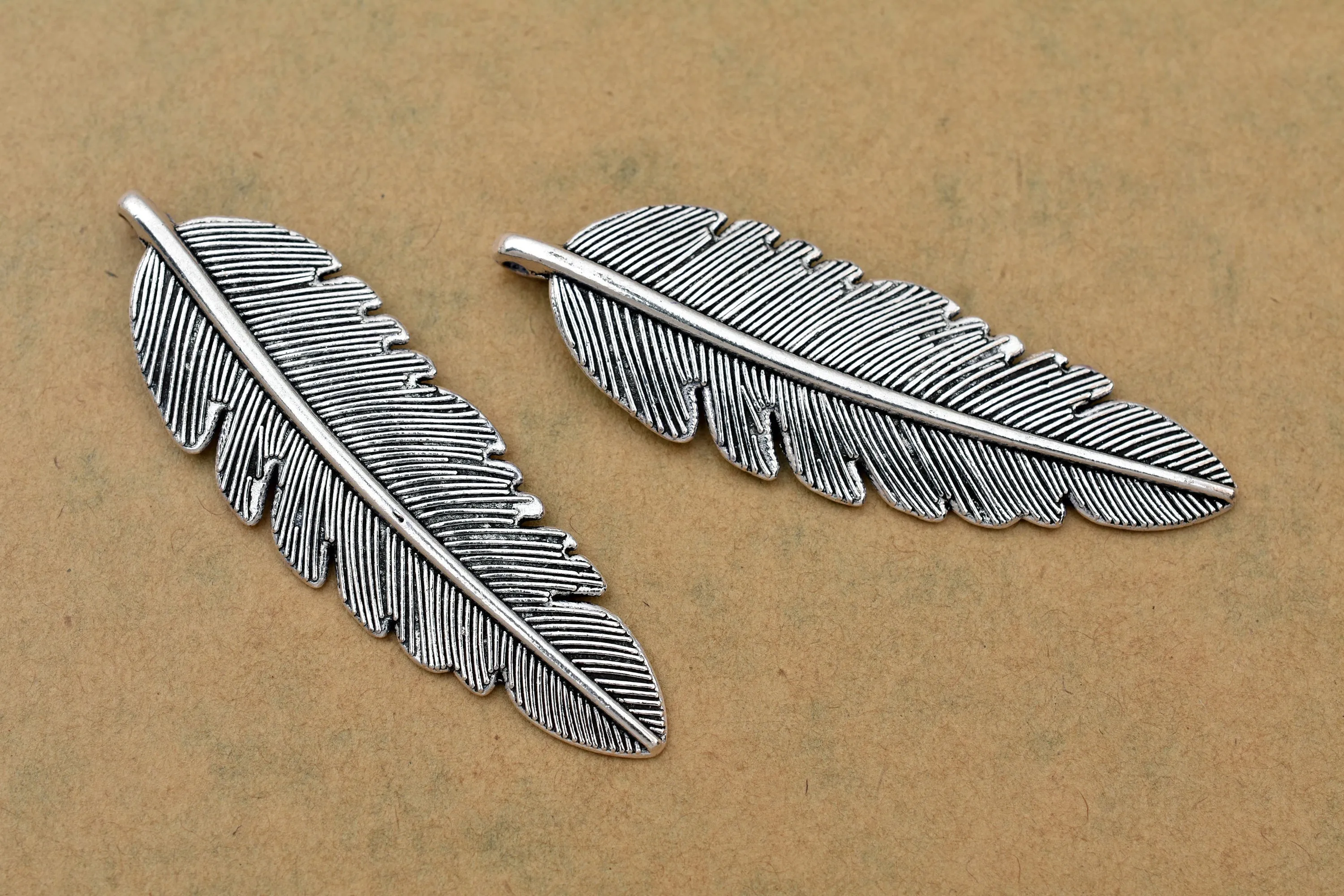Antique Silver Plated Feather Charms - 56x18 mm