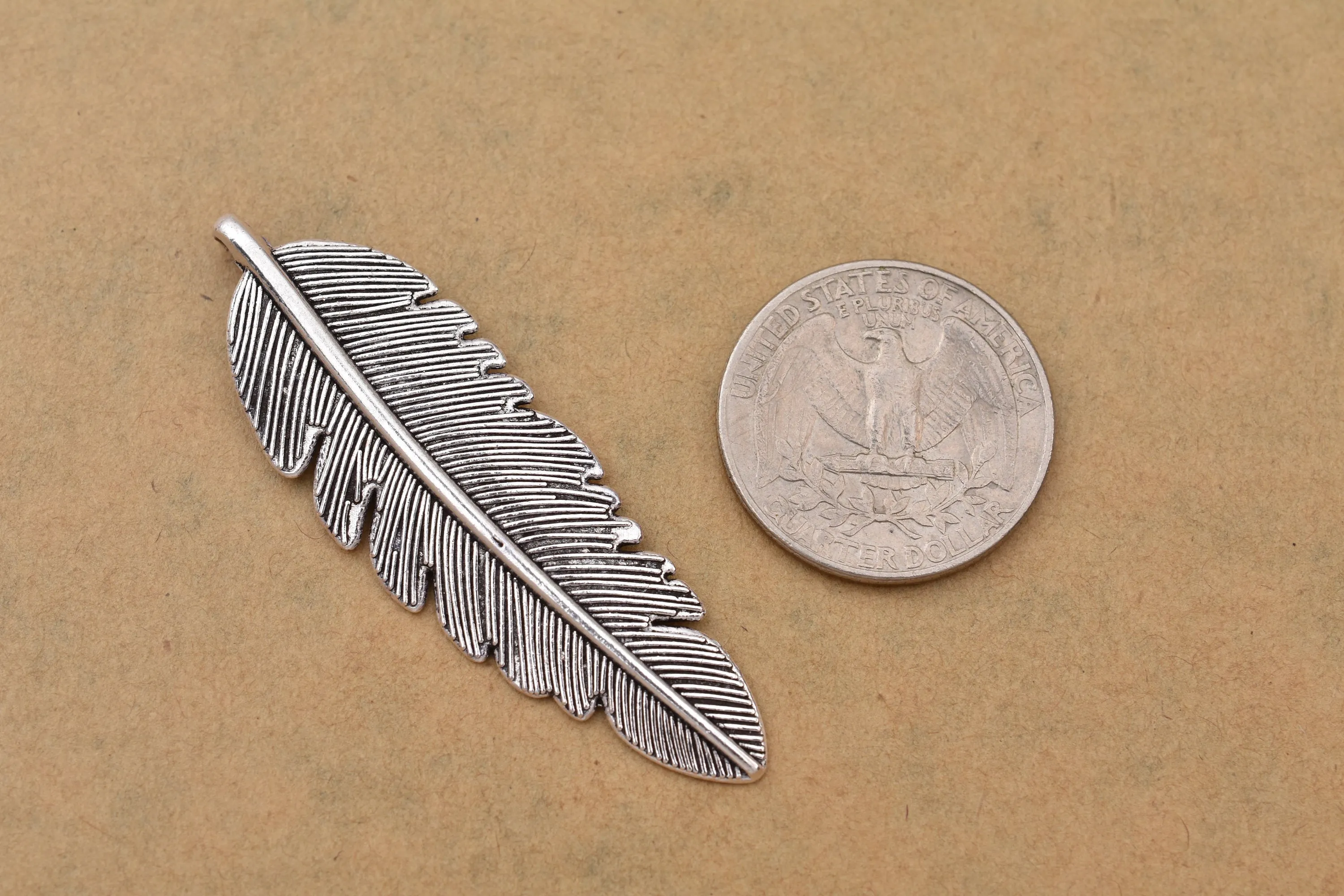 Antique Silver Plated Feather Charms - 56x18 mm