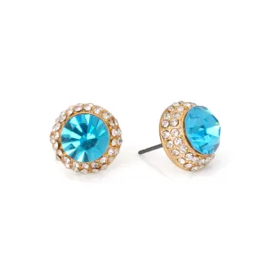 AQUA BLUE ROUND CRYSTAL RHINESTONES GOLD POST EARRINGS #HNE87183GDAQ (NG9)