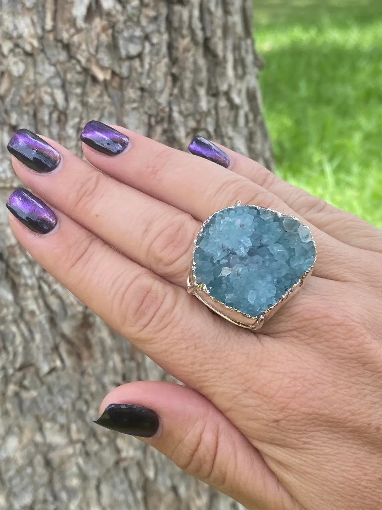 Aquamarine Druzy Adjustable Ring