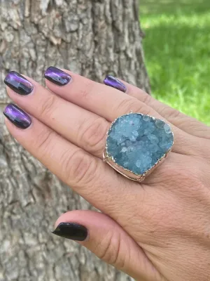 Aquamarine Druzy Adjustable Ring
