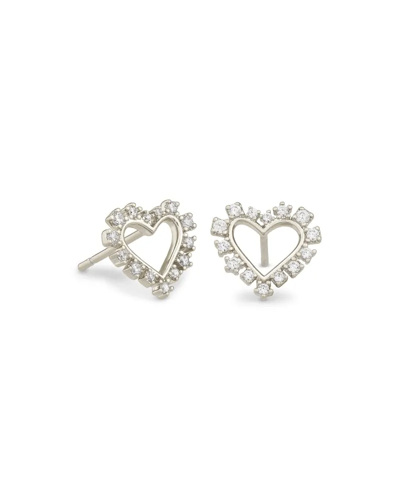Ari Heart Silver Stud Earrings In White Crystal