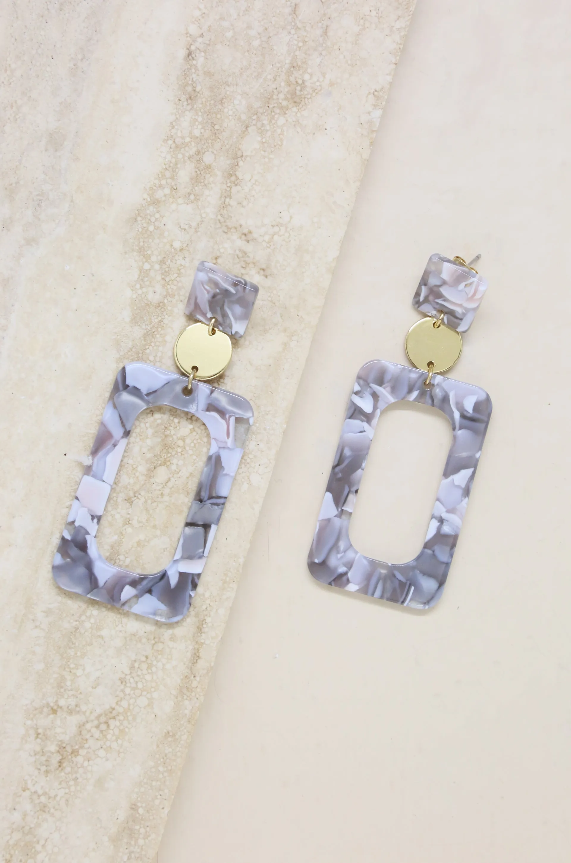 Aurora Grey & White Resin Rectangle 18k Gold Plated Earrings