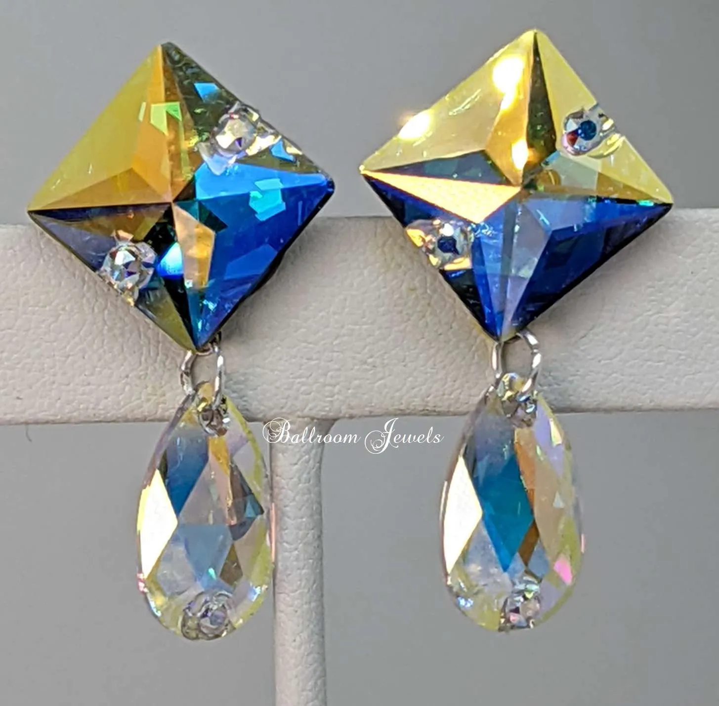 Ballroom square and pear dangle earrings