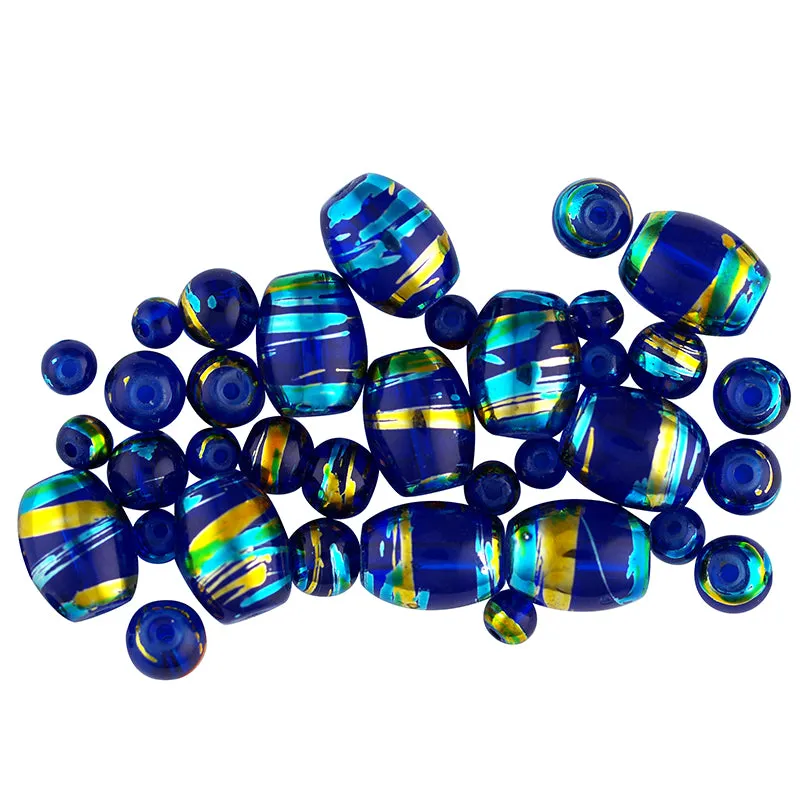 BEAD GLASS METALLIC STRIPE COBALT 50PC