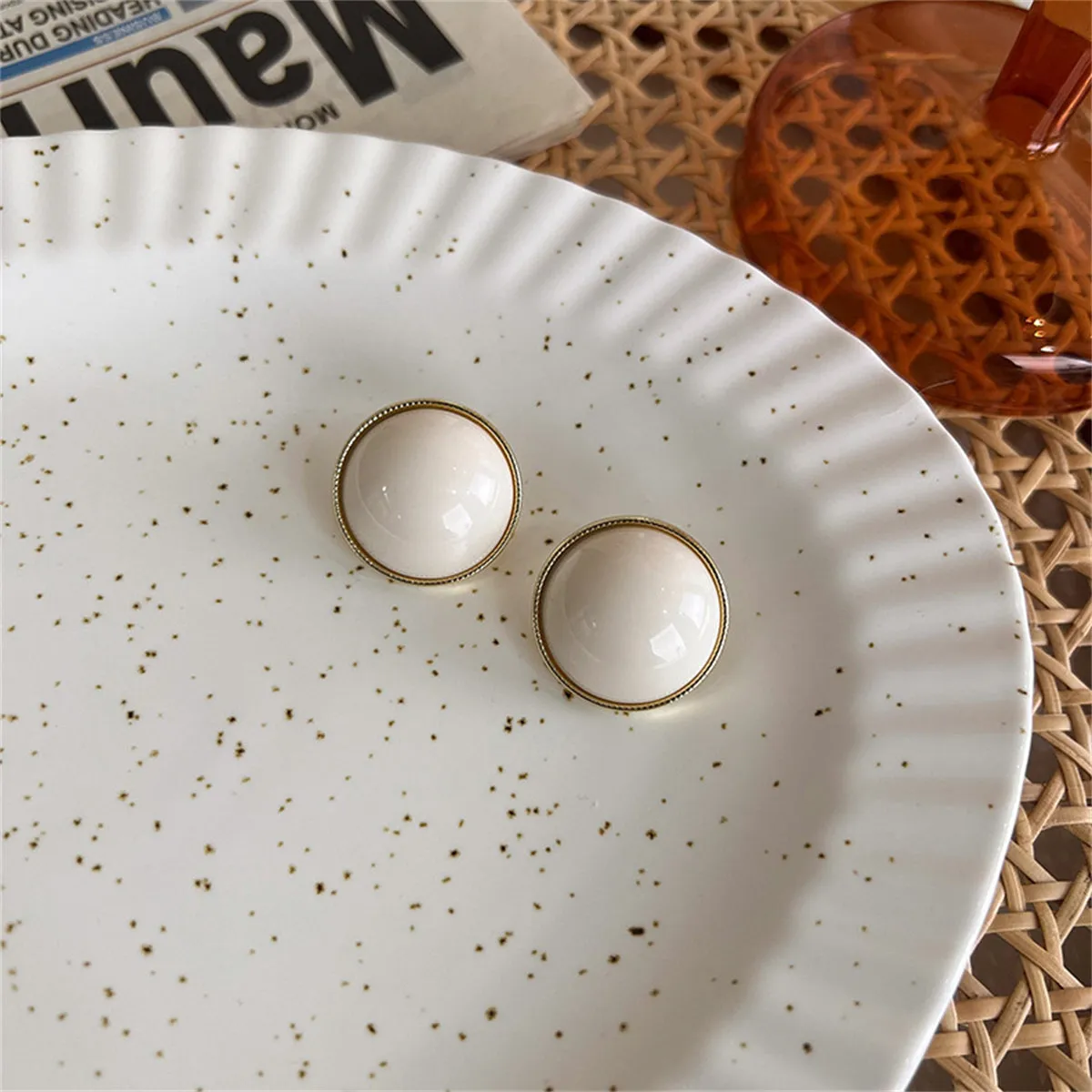 Beige Resin & 18K Gold-Plated Round Stud Earrings