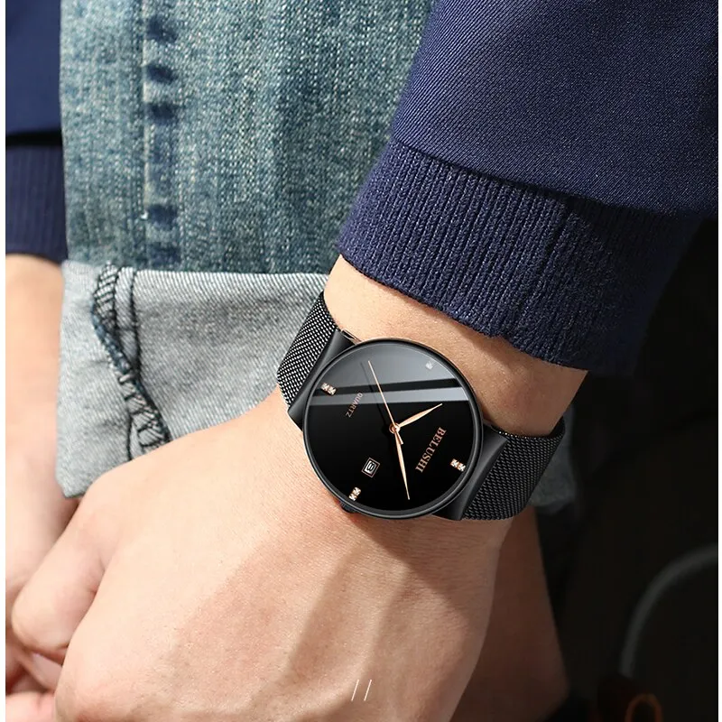 BELUSHI Watches Fashion Ultra-Thin Steel Mesh Quartz Watch Top Luxury Brand Analog Business Waterproof Wrist Watch
