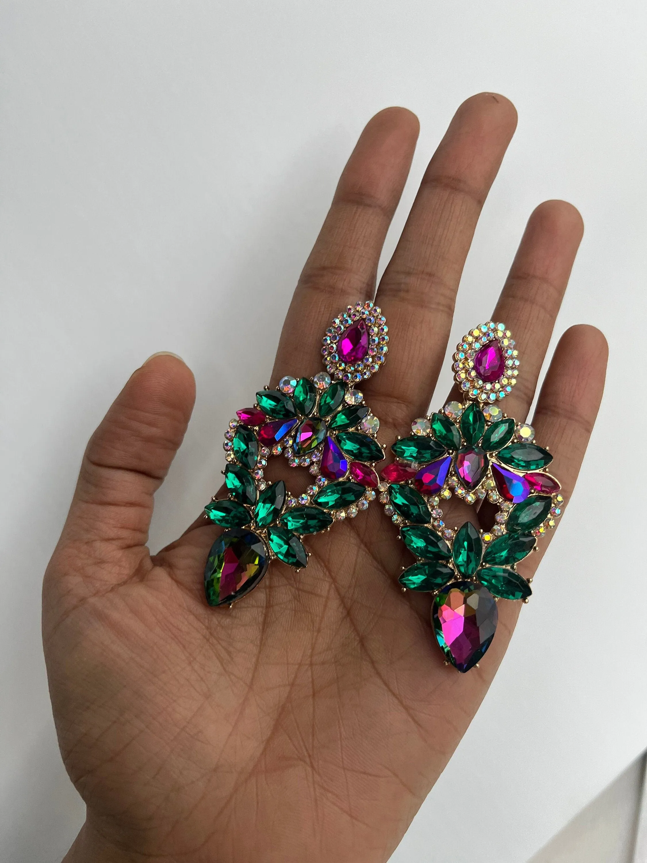 Big green earrings , green fuchsia earrings , large green Ab earrings , large green rhinestone  earrings , crystal chandelier