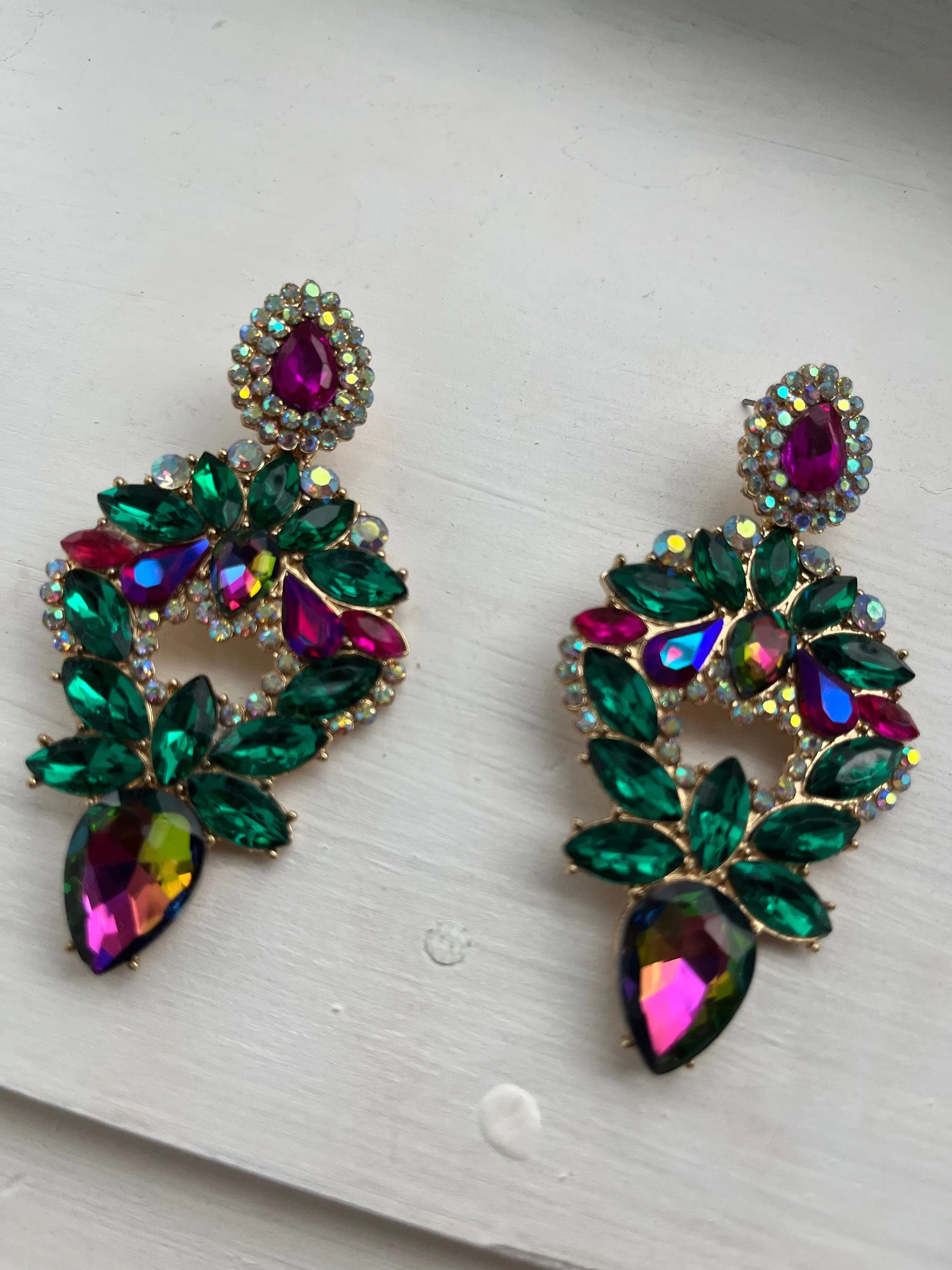 Big green earrings , green fuchsia earrings , large green Ab earrings , large green rhinestone  earrings , crystal chandelier