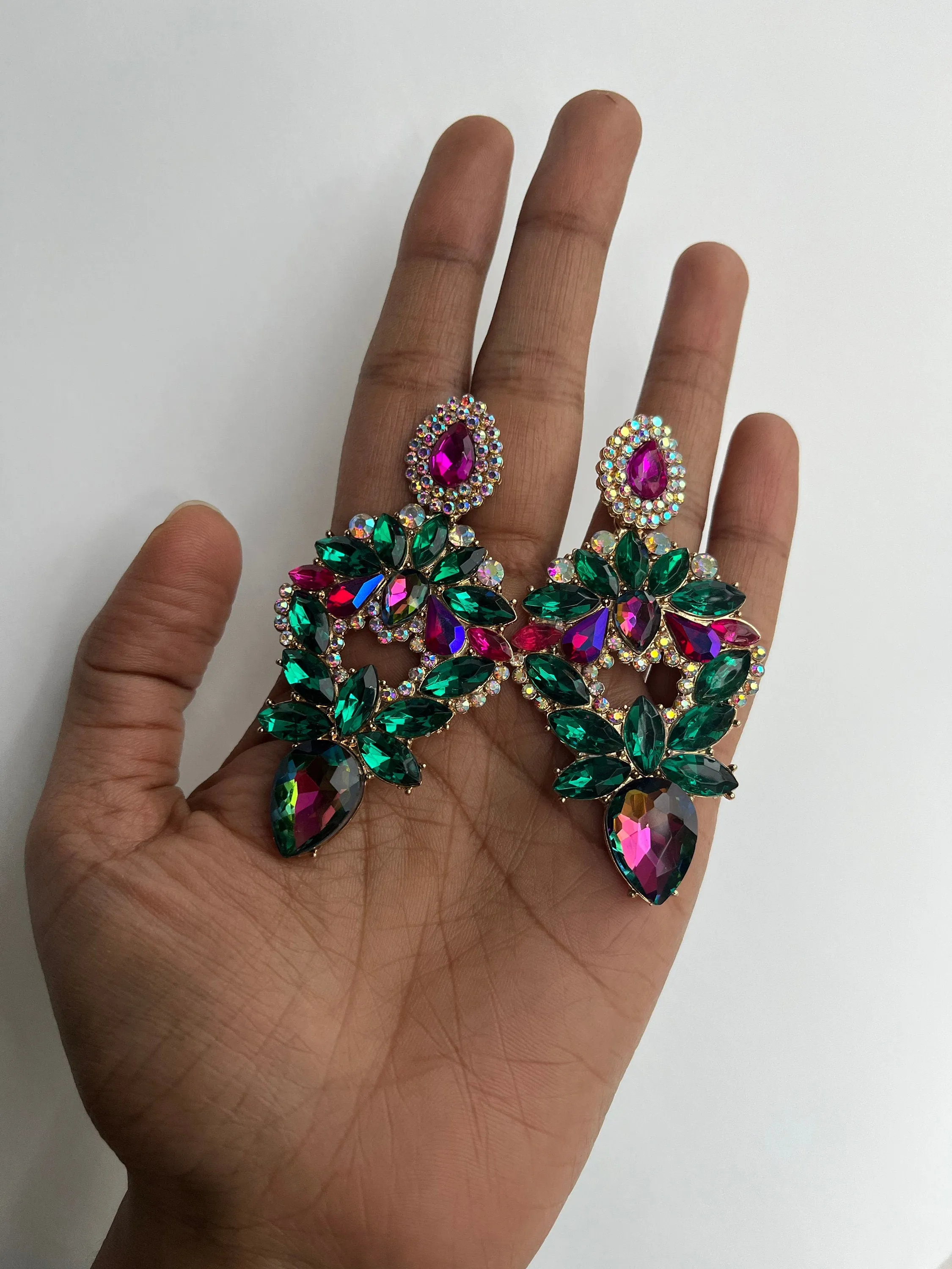 Big green earrings , green fuchsia earrings , large green Ab earrings , large green rhinestone  earrings , crystal chandelier