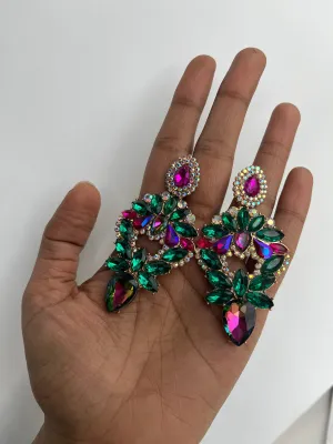 Big green earrings , green fuchsia earrings , large green Ab earrings , large green rhinestone  earrings , crystal chandelier