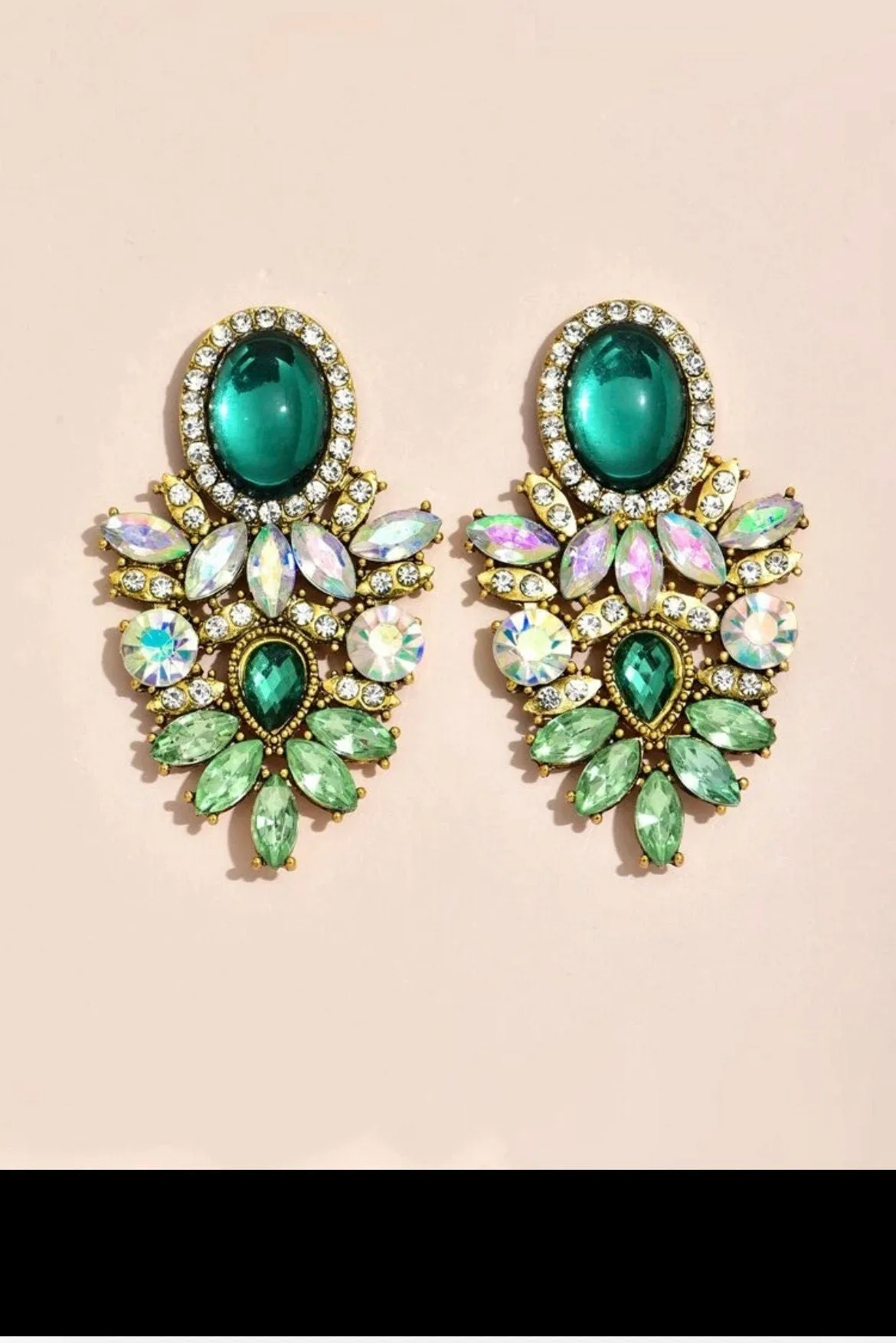 Big green earrings ,large Green stud earrings , green crystal earrings, green Ab gold studs rhinestone earrings crystal sparkling