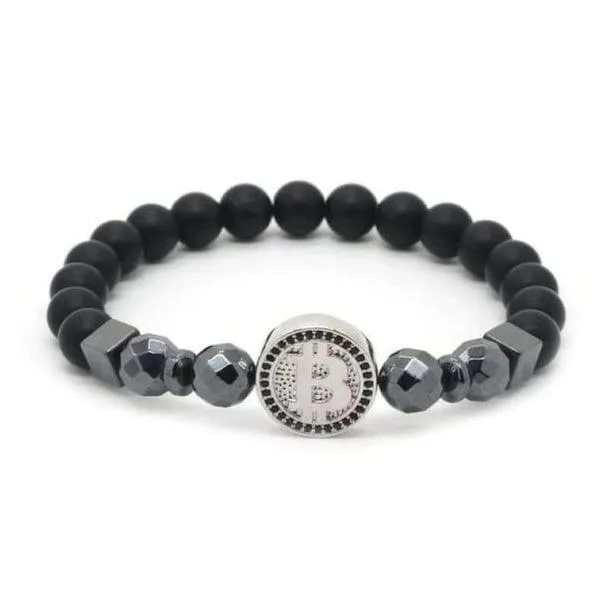 Bitcoin Bracelet Men Black Hematite Stone Charm Bracelets