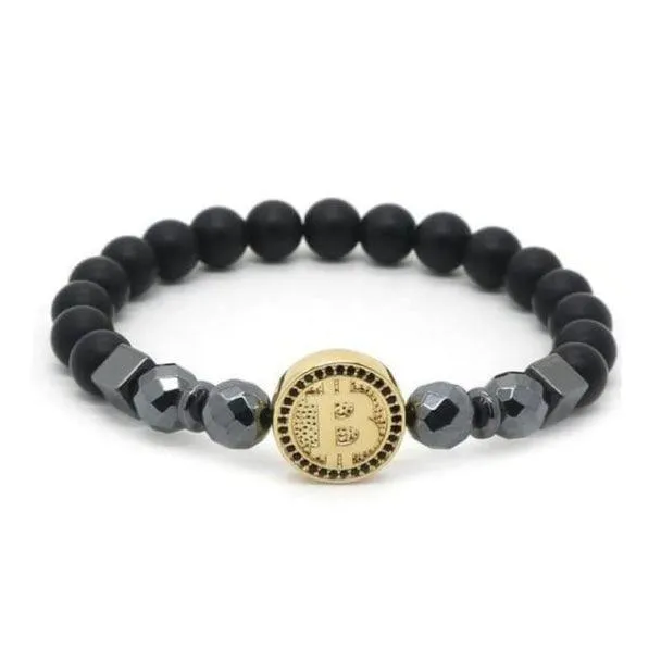 Bitcoin Bracelet Men Black Hematite Stone Charm Bracelets