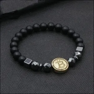 Bitcoin Bracelet Men Black Hematite Stone Charm Bracelets