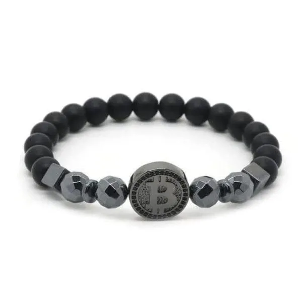 Bitcoin Bracelet Men Black Hematite Stone Charm Bracelets