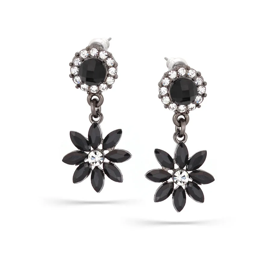 BLACK AND WHITE CRYSTAL FLOWER DROP EARRINGS #255BK3301 (1B11/9A2)