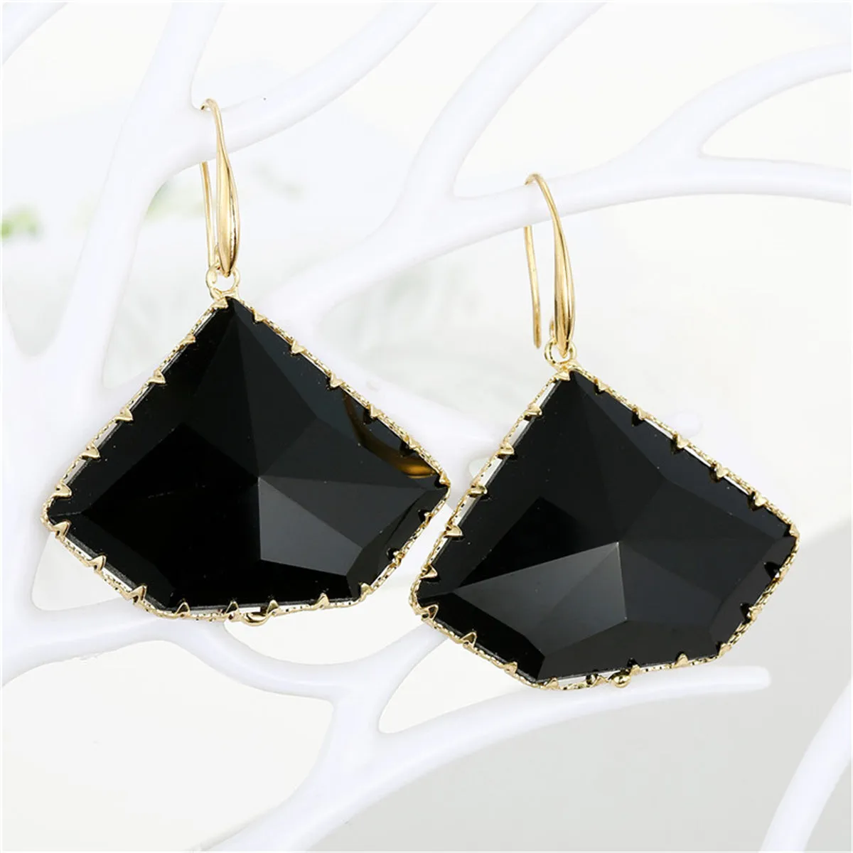 Black Crystal & 18K Gold-Plated Triangle Drop Earrings