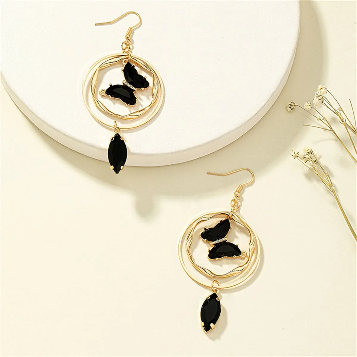 Black Crystal & Cubic Zirconia 18K Gold-Plated Butterfly Drop Earrings