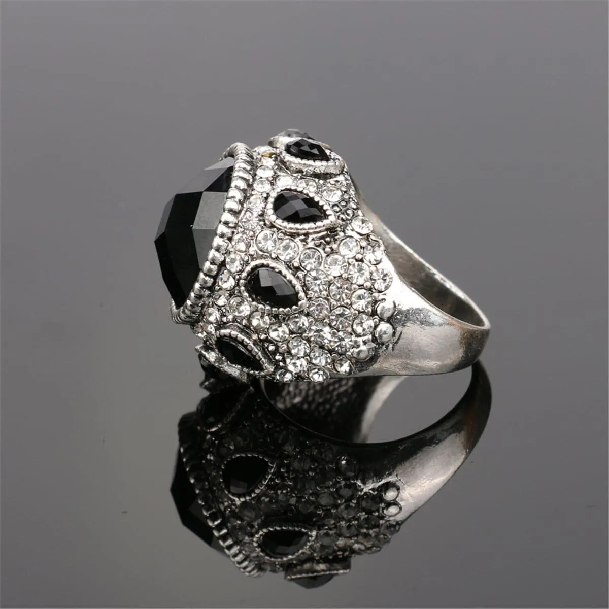 Black Crystal & Cubic Zirconia Silver-Plated Pear Ring