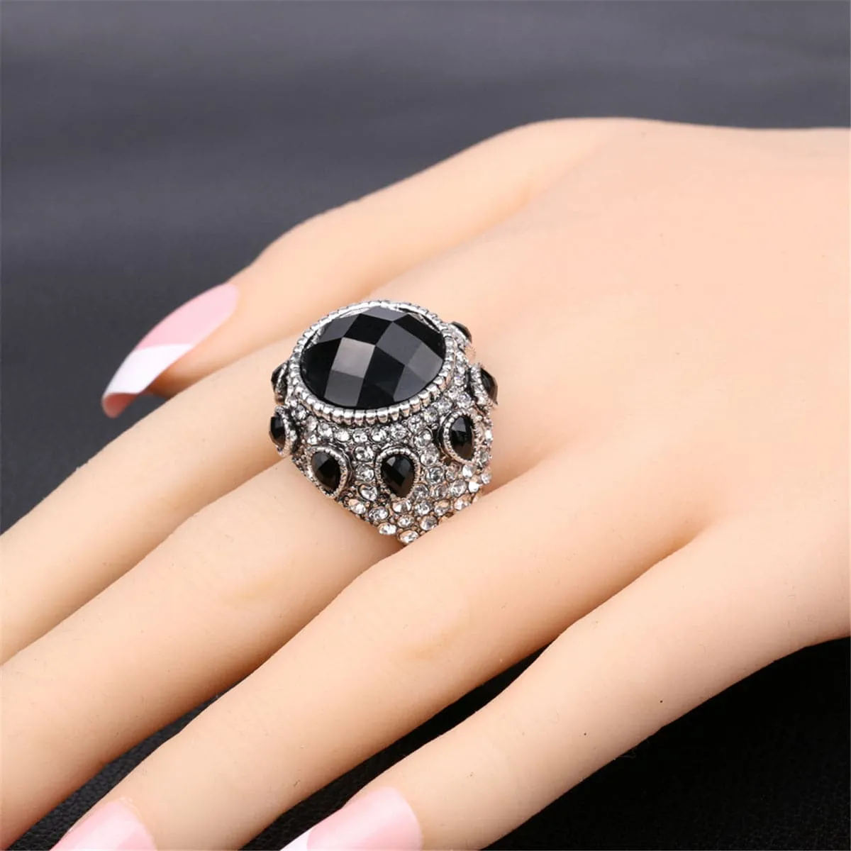 Black Crystal & Cubic Zirconia Silver-Plated Pear Ring
