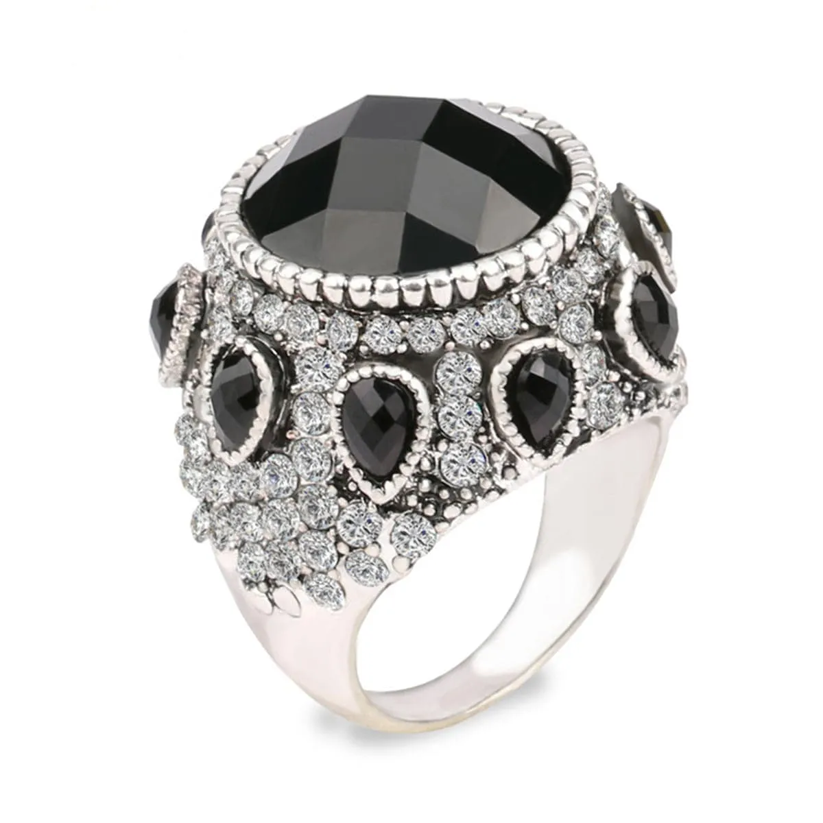 Black Crystal & Cubic Zirconia Silver-Plated Pear Ring