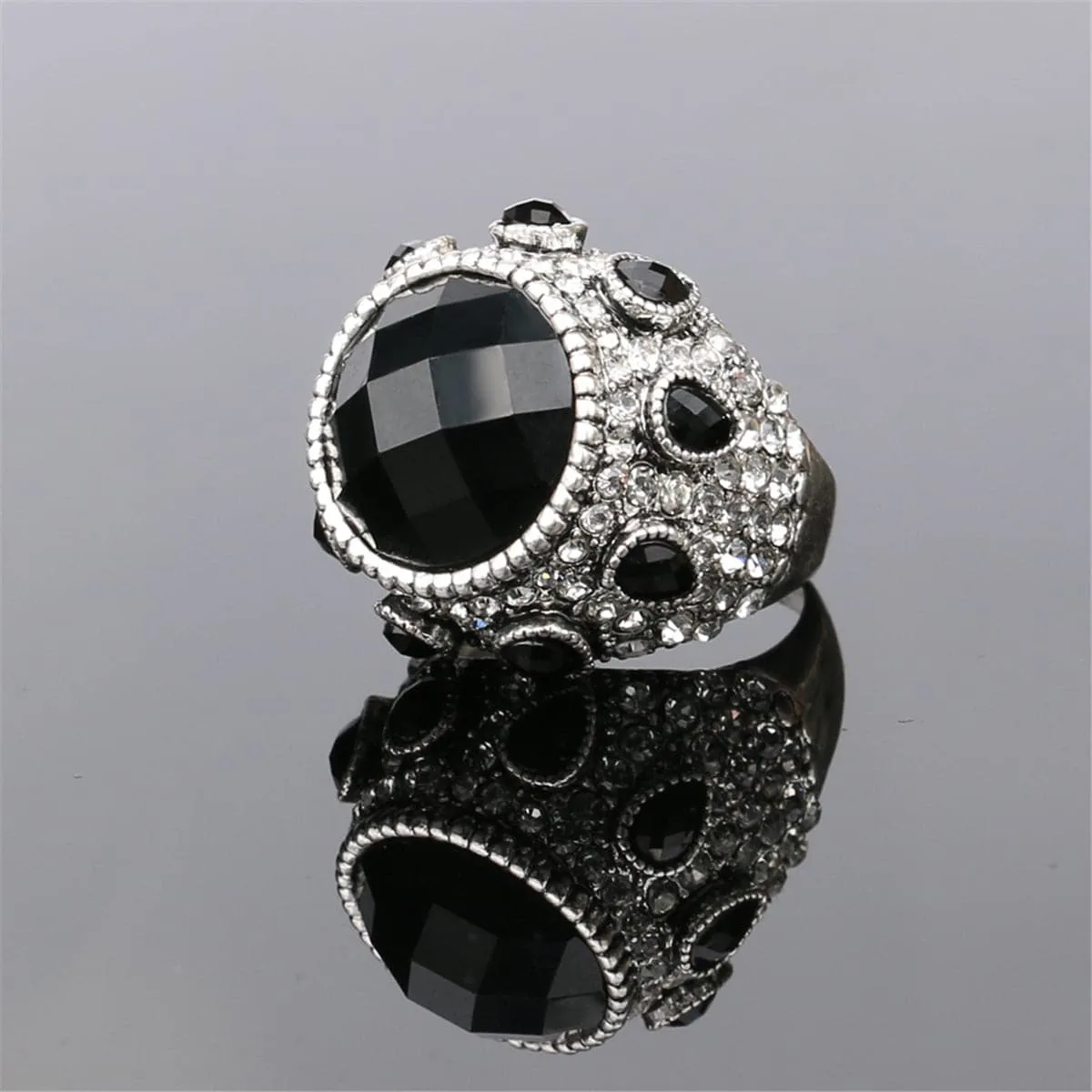 Black Crystal & Cubic Zirconia Silver-Plated Pear Ring