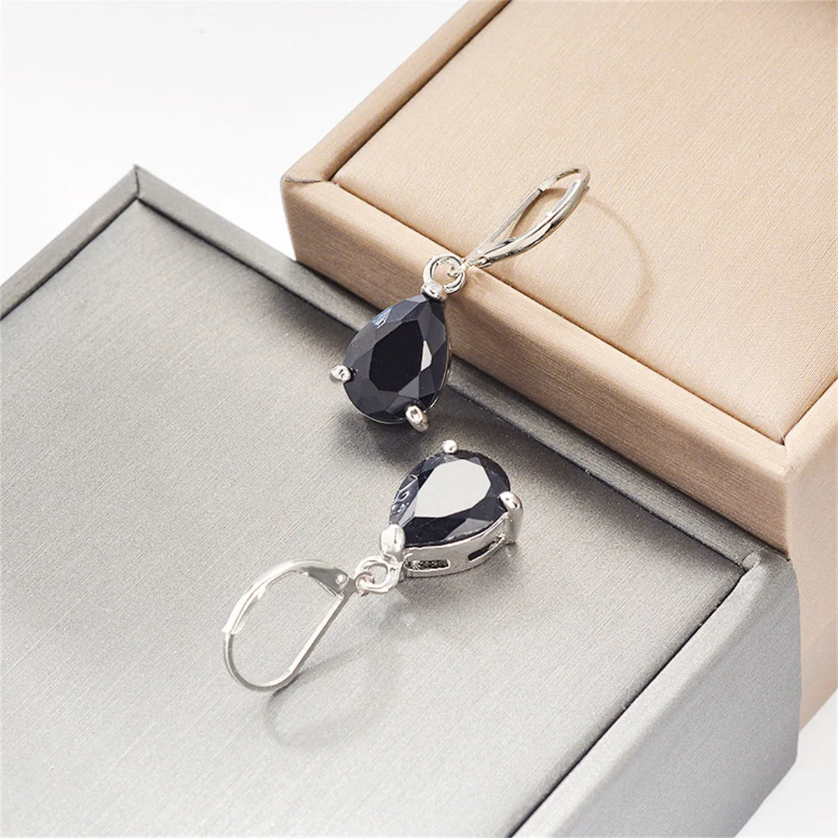 Black Crystal & Silver-Plated Pear-Cut Drop Earrings