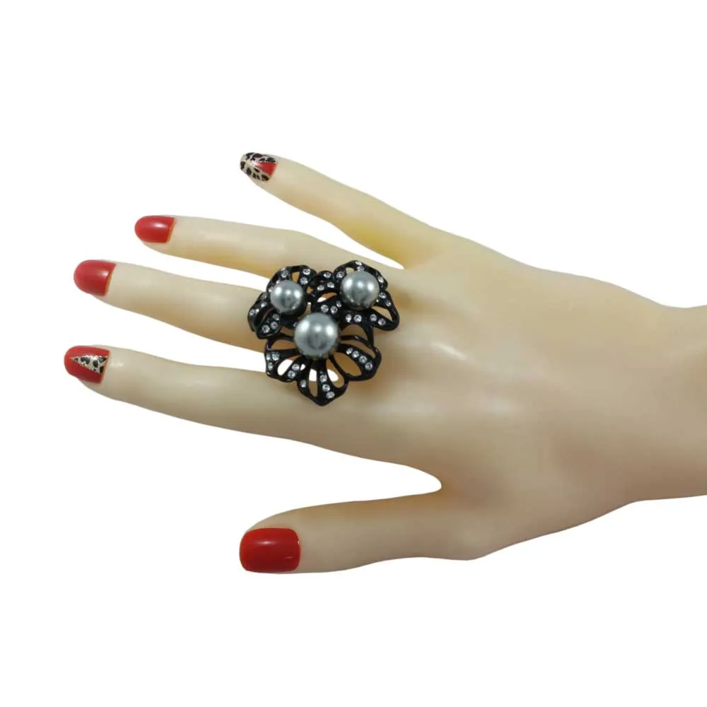 Black Enamel Flower with Gray Pearls Adjustable Ring - RP309