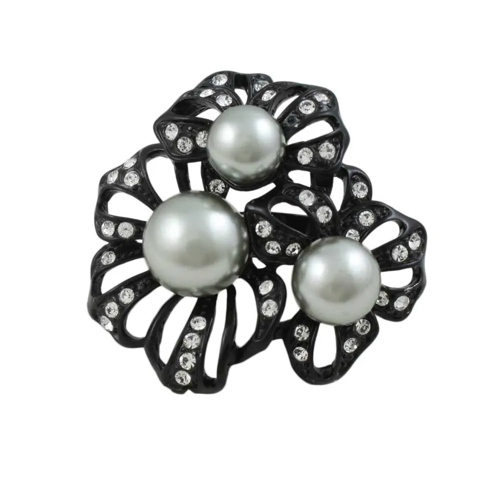 Black Enamel Flower with Gray Pearls Adjustable Ring - RP309
