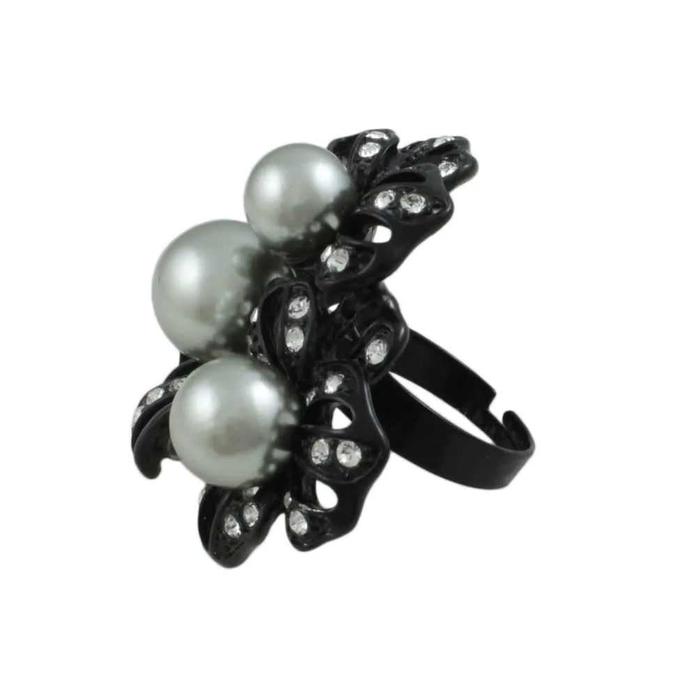Black Enamel Flower with Gray Pearls Adjustable Ring - RP309
