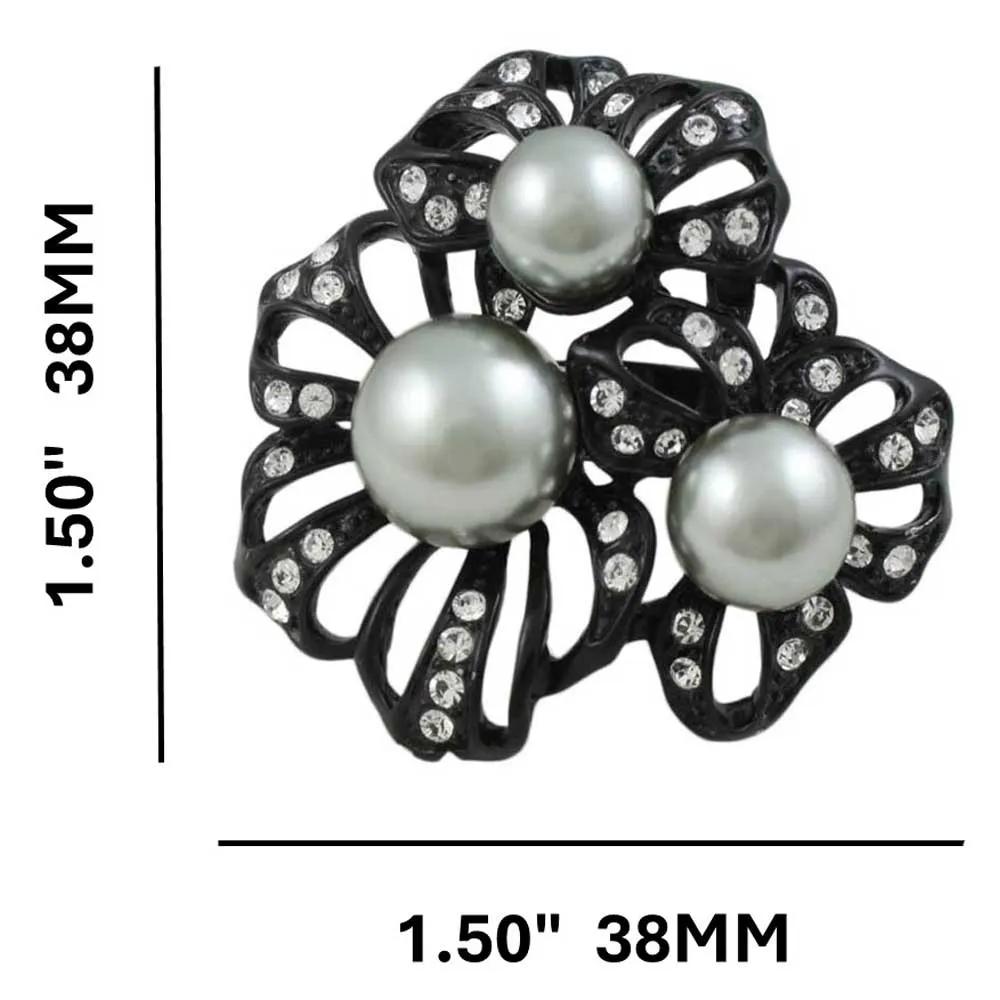 Black Enamel Flower with Gray Pearls Adjustable Ring - RP309