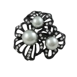 Black Enamel Flower with Gray Pearls Adjustable Ring - RP309