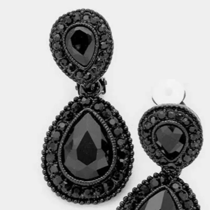 Black Glass Crystal Pave Trim Teardrop Clip on Earrings