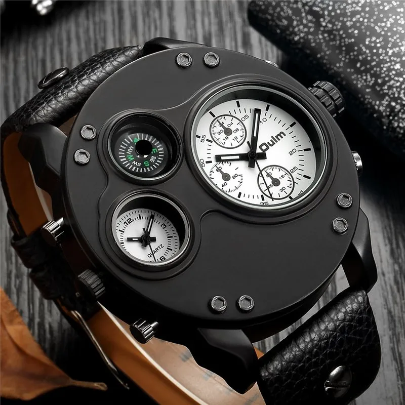 BLACK LEATHER DOUBLE TIMEZONE QUARTZ WATCHES | Stylish dual-time elegance