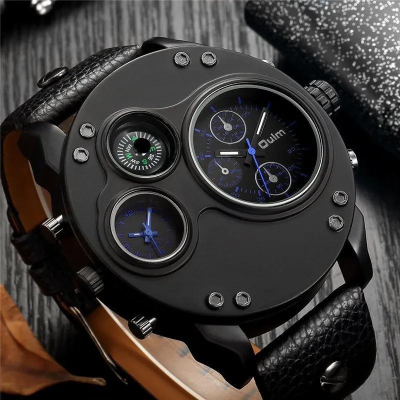 BLACK LEATHER DOUBLE TIMEZONE QUARTZ WATCHES | Stylish dual-time elegance