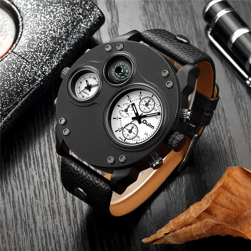 BLACK LEATHER DOUBLE TIMEZONE QUARTZ WATCHES | Stylish dual-time elegance